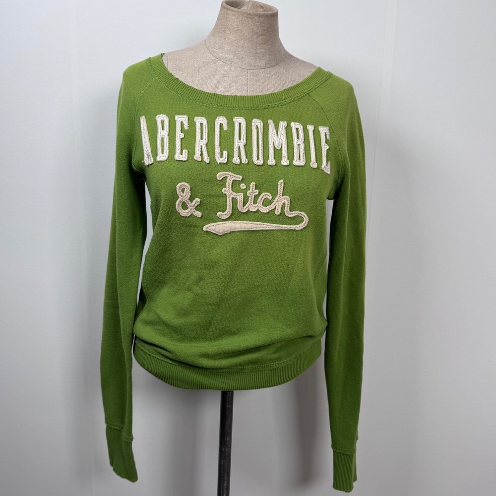 Y2K Abercrombie Fitch Women M Soft Girl Green Spell Out Logo Sweatshirt Preppy